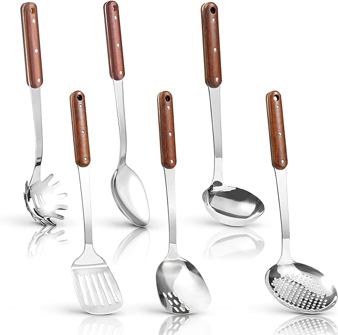 FJNATINH Stainless Steel Wok Spatula,Slotted Spatulas,Ladle,Skimmer Ladle Tool Set,Mirror Polished Cooking Utensils Kitchen Cookware, Pack of 4,Black