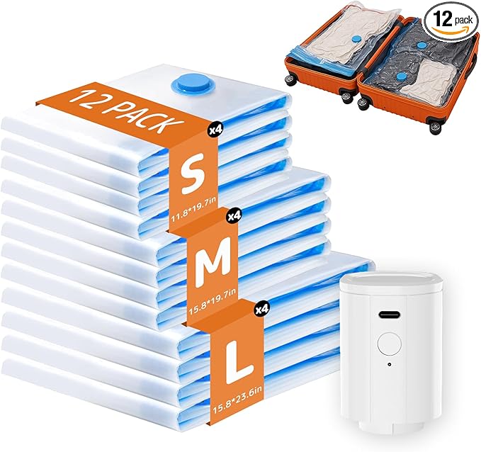 Travel Vacuum Bags with Rechargeable Mini Pump, 12 Pack Carry-On Compression Bags for Luggage & Suitcase, Space Saver Storage for Clothing and Travel Organization