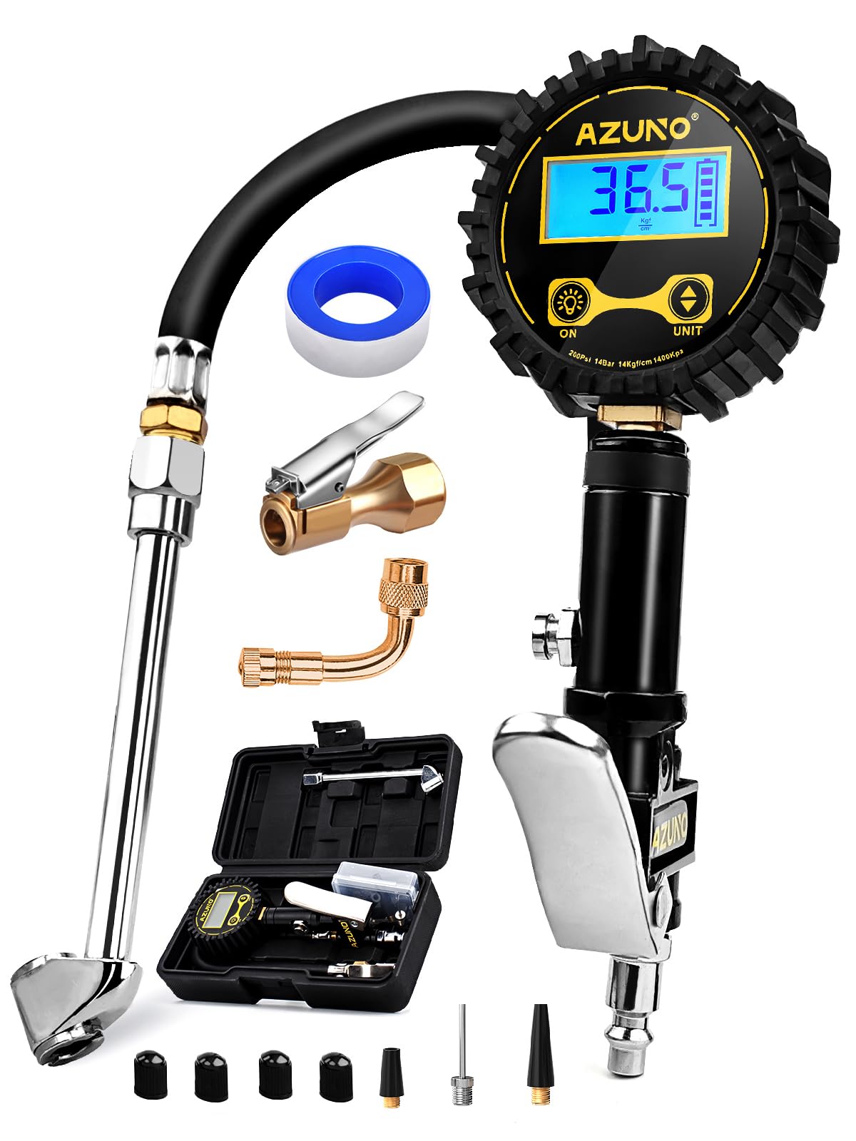AZUNO Digital Tire Inflator with Pressure Gauge, 200 PSI, Heavy Duty Air Compressor Accessories, Comes with a Portable Carrying Box