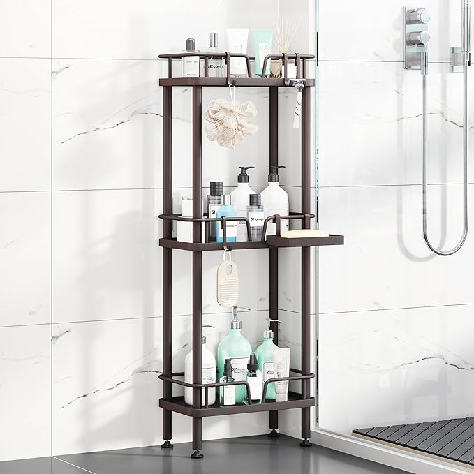 HapiRm Standing Corner Shower Caddy - 3 Tier Corner Shower Organizer with Soap Holder, Rustproof Stainless Steel Bathroom Shelf with 4 Hooks, Bronze