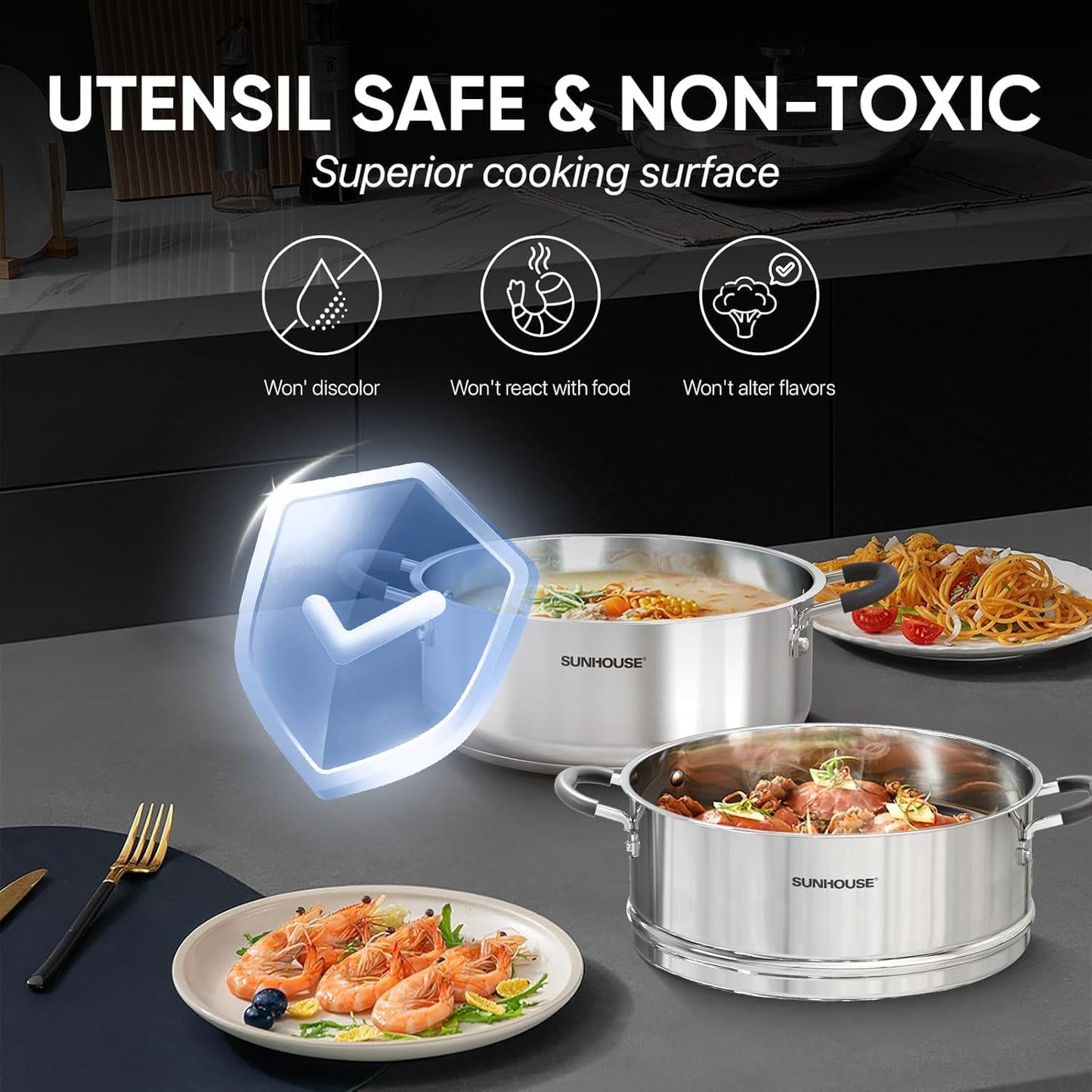 Sunhouse: 2-Tier Stainless Steel Steamer Pots - 5.5 Quart - Tempered Glass Lid, 3-Ply Bottom, Vegetable-Dumpling-Food Cookware, Dishwasher & Oven Safe