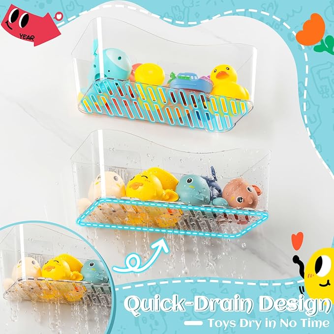 MIUKAA 2 Pack Large Bath Toy Storage Organizer, Clear Bath Toy Holder for Bathtub, Plastic Shower Toy Holder, Fast drainage, No Drilling Required, Easy to Install