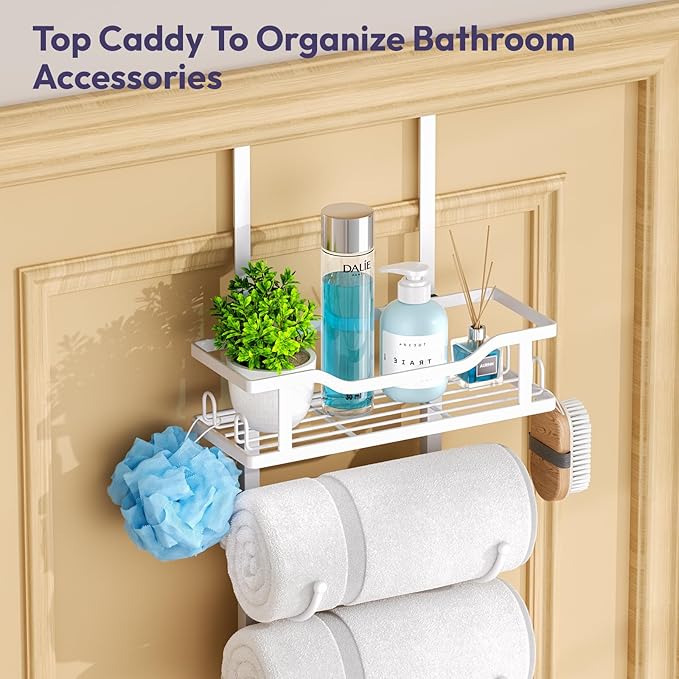 SWTYMIKI Over The Door Towel Rack - 6 Tier Towel Racks for Bathroom Wall Mounted, Towel Holder with Shelf, Hanging Rolled Towel Storage Organizer for Small Bathroom, Camper, RV, White