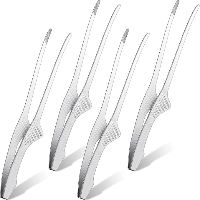 Patelai 2 Pieces Korean and Japanese BBQ Tongs Non Slip Cooking Utensils Stainless Steel Tongs for Serving Food, Salad, Camping, Barbecue, Buffet, Oven with Support Stand (Silver)