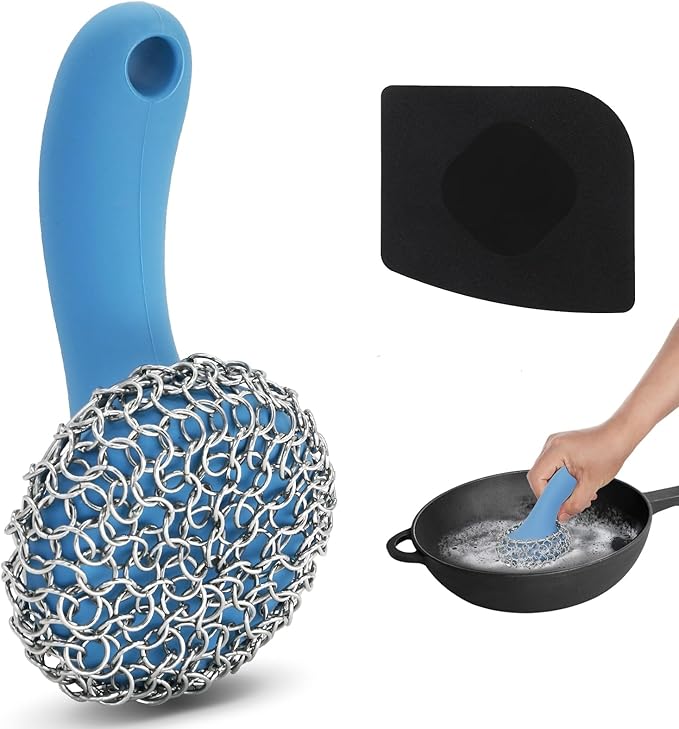Cast Iron Scrubber with Long Handle Dish Scouring Pad Chainmail Cleaner
