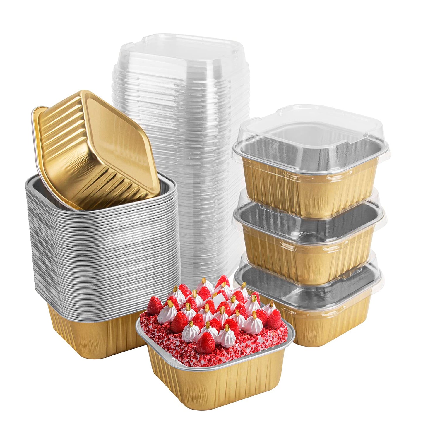 50 Pcs Mini Square Baking Cups with Lids,5oz Aluminum Foil Mini Cake Pans with Lids,Disposable Ramekins Cake Pans,150ml Dessert Cups Cupcake Pans for Wedding Birthday Party,Cowprint