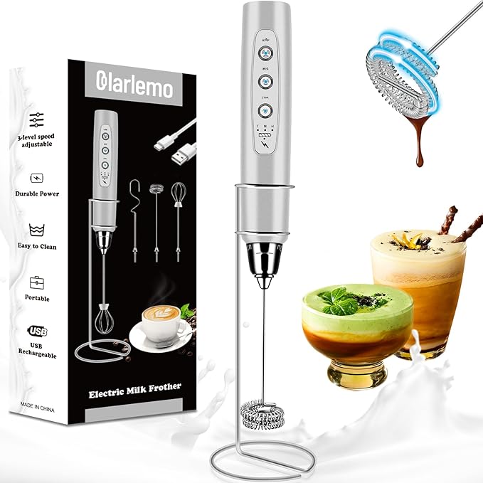 Colarlemo Milk Frother Handheld Rechargeable, Frother Wand Drink Mixer Electric Whisk for Coffee, Detachable With 3 Stainless Whisks, Hand Mixer for Lattes, Cappuccino, Matcha, Egg, No Stand, Beige