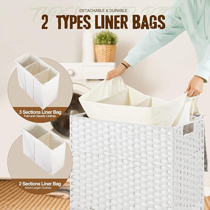Greenstell Laundry Hamper with Lid, 125L Large Clothes Hamper with 3 Section & 2 Section Removable Liner Bags & 5 Mesh Laundry Bags, Handwoven Synthetic Rattan Divided Laundry Basket, White