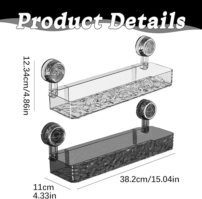 No-Drill Bathroom Suction Storage Box,Corrugated Suction Cup Storage Holder,Powerful Suction Storage Box,Removable Hanging Storage Basket, No Drilling Shelves Caddy, Ripple Acrylic (Long style-Grey)