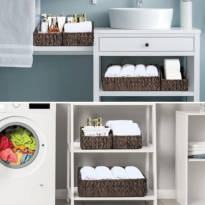 Ollieroo Rattan Storage Baskets, Handwoven Wicker Storage Bins with Built-in Handles, Storage Container Baskets for Shelves, Bedroom, Bathroom, Laundry Room or Kitchen(Black)