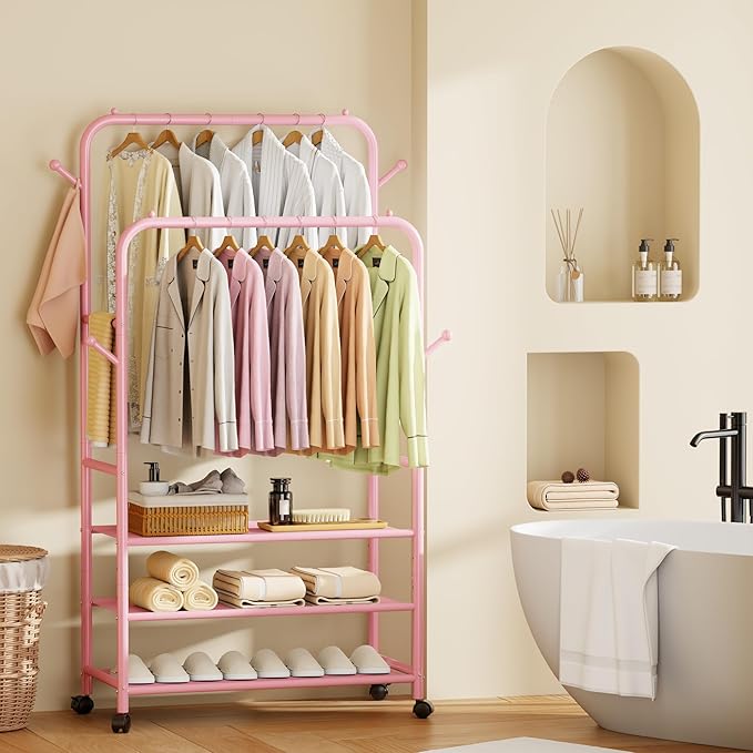 Furologee Pink Clothes Rack, Double Rods Clothing Racks for Hanging Clothes, Rolling Garment Racks with 3-Tier Shelves, Portable Rack with Wheels for Bedroom, Laundry, Living Room