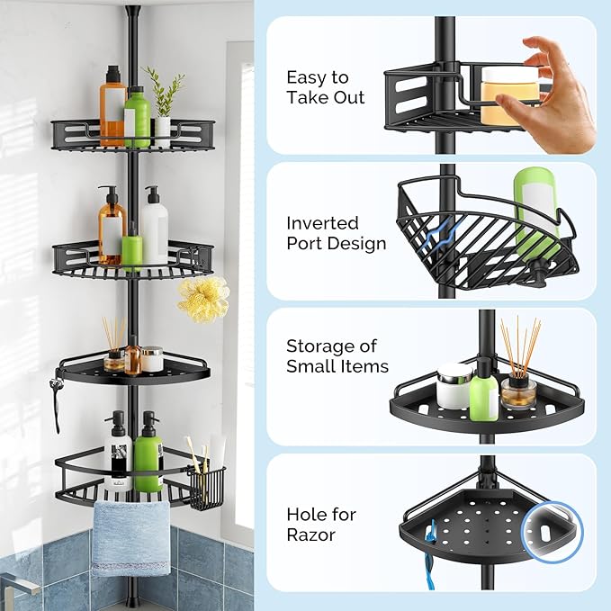 HAMITOR Corner Shower Caddy Tension Pole: Quick Installation 4-Tier Rustproof Bathroom Organizer Shelves for Bathtub Shampoo Storage - 47-121 inch Adjustable Floor Standing Bath Rack Holder - Black