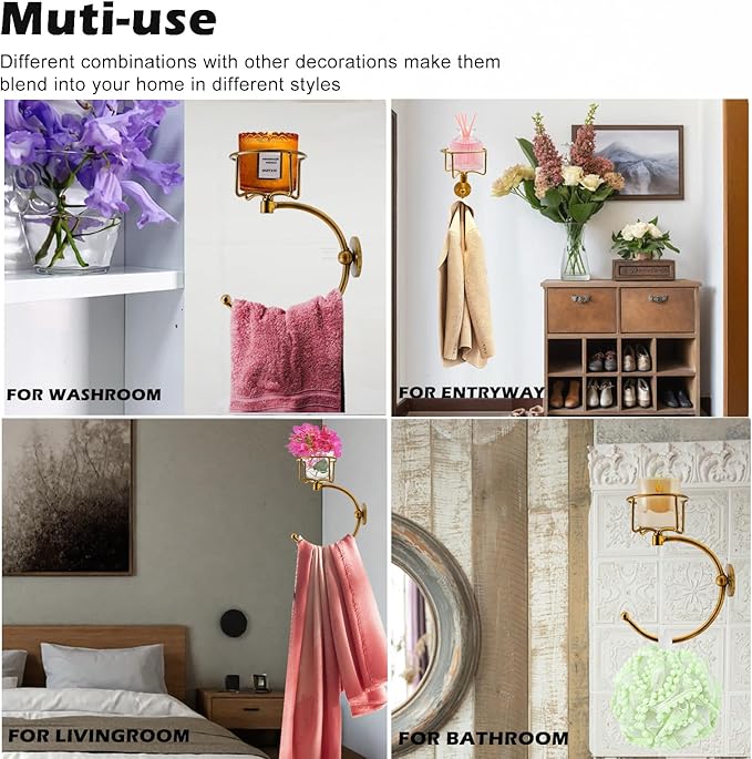 Hand Towel Holder with Vintage Candle Holder for Wall, Towel Hook for Bathroom Wall, Rustic Towel Ring with Elegent Candle Holder, Sturdy Wall Mounted Hanger for Bathroom