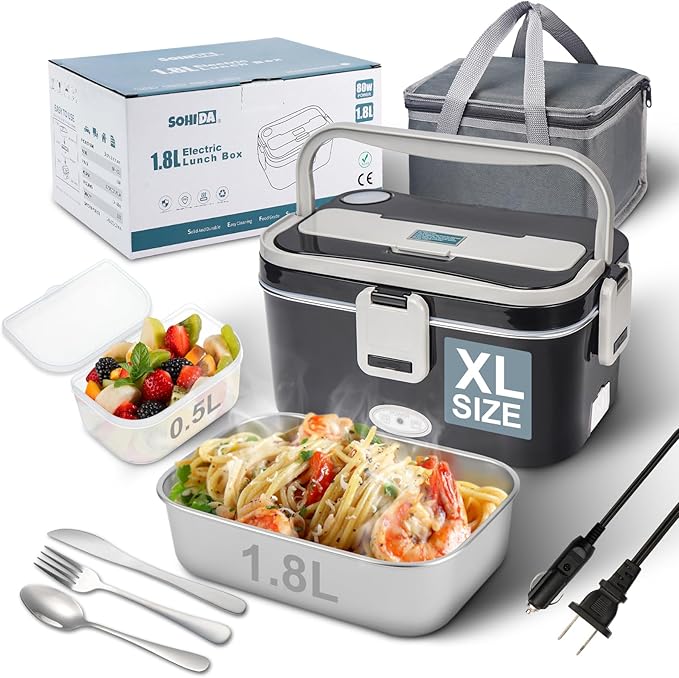 1.8L+0.5L Heated Lunch Box for Men, 80W Electric Lunch Box with Long-handled Utensils for Adults, 12V/24V/110V Lonchera Eléctrica Portátil, Portable Food Warmer for Car/Truck/Office (B/G)
