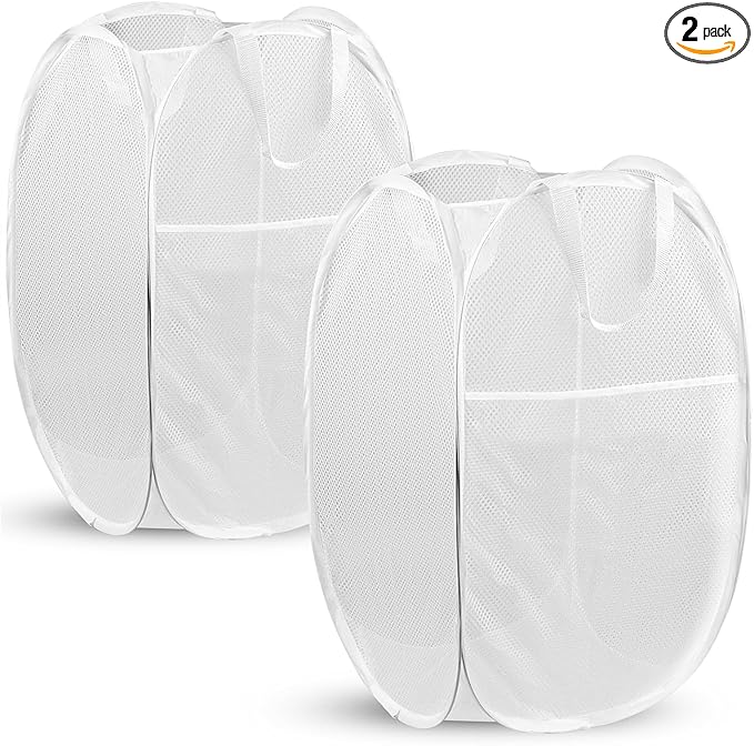 DUCOO Pop Up Hamper, 2 PCS Mesh Pop Up Laundry Hamper, Foldable Mesh Laundry Basket with Space Saving Design for Home, Dorm, Travel and Storage, White