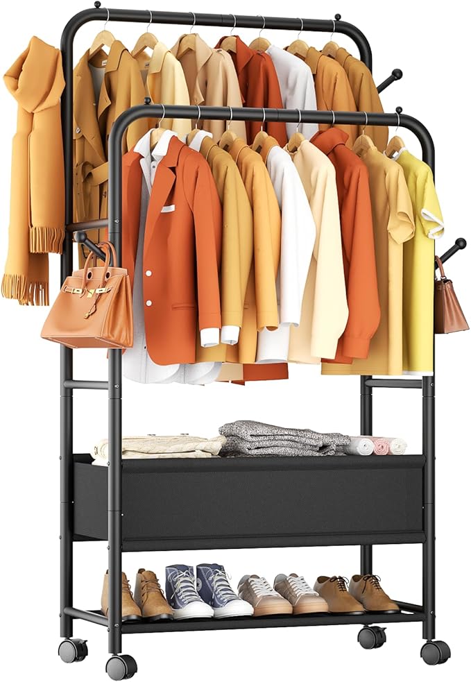 Furologee Clothing Racks for Hanging Clothes, Portable Rolling Garment Rack, Sturdy Metal Freestanding Clothes Rack with Wheels, Double Rods Wardrobe Racks for Bedroom Laundry Living Room