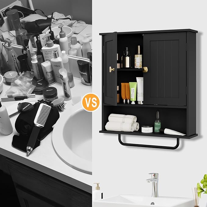 RRX Bathroom Cabinet Wall Mounted Medicine Cabinets with Towels Bar, Over The Toilet Storage Cabinet with 2 Doors and Adjustable Shelf, White Wall Cabinet for Bathroom Laundry Kitchen (Black)