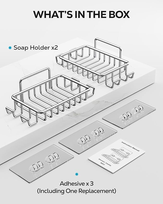 Nieifi Soap Dish,Bar Soap Holder for Shower Wall with 4 Hooks Stainless Steel Adhesive Soap Dish for Bathroom Shower Razor Holder (Silver)