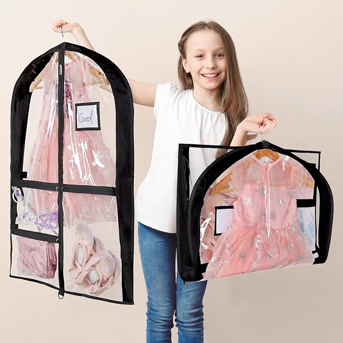 Univivi Clear PVC Dance Costume Bags, 35 Inch Garment Bag for Dance Competitions, with 3 Seperated Medium Clear Zipper Pockets and 1 Large Back Zippered Pocket (Black)