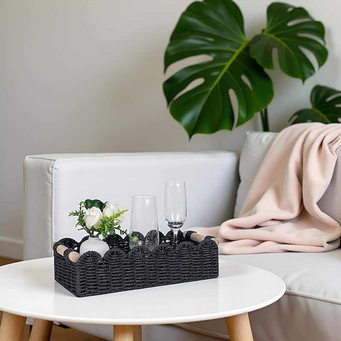 CubesLand Bathroom Basket Organizer, Toilet Tank Paper Storage Baskets 2-Pack, Scalloped Decorative Basket for Countertop w/Handle, Wicker Basket for Bathroom Decor, Home Decor, Living Room, Black