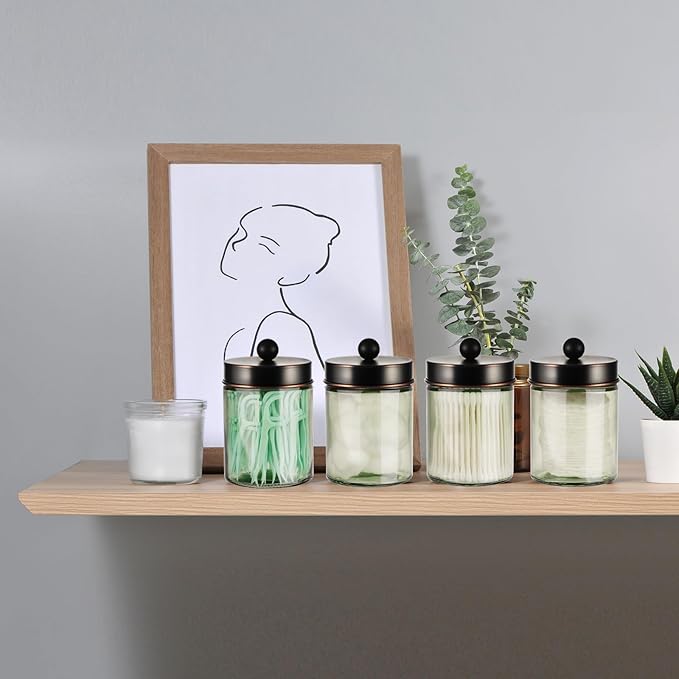 3 Pack Apothecary Jar Canisters Bathroom Vanity Organizer - Qtip Holder Storage Organizer Set Countertop Canister with Stainless Steel Lids &Cute Stickers for Qtips,Cotton Swabs,Makeup Sponges,Floss