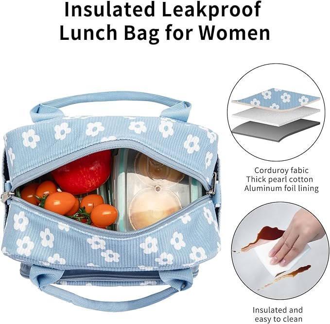Lunch Bag Women Lunch Box for Women Adult Cute Insulated Lunch Bag Lager Cooler Lunch Tote Bags for Work Picnic (Blue-Flower)