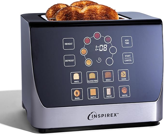 Inspirex Touch Screen Toaster - 2 Slice Extra-Wide Slots - 5 Bread Type and 6 Browning Levels - Defrost, Reheat, Favorite, Single Slot Settings - Stainless Steel