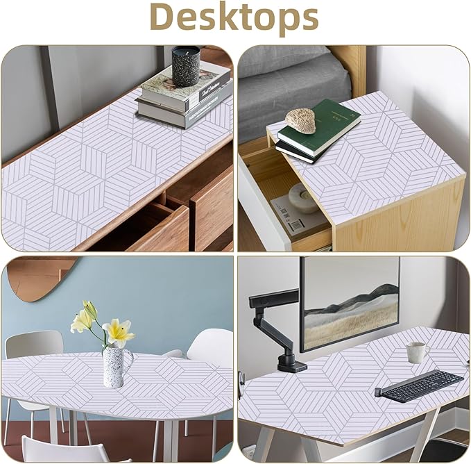 Shelf Liners for Kitchen Cabinets 12in x 20FT, Non Adhesive Cabinet Liner Strong Non-Slip Thickened Silver Geometric Easy to Clean for Shelf, Cabinet, Refrigerator with Knife and Tape Measure