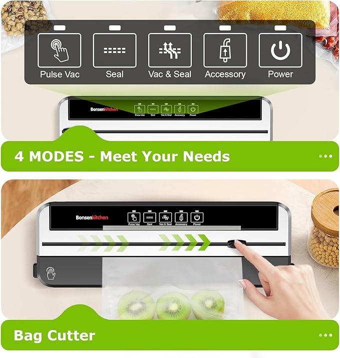 Bonsenkitchen Vacuum Sealer Machine, Built-in Cutter | Multifunctional Food Sealer for Sous Vide & Meal Prep, 5 Pre-Cut Bags, Black