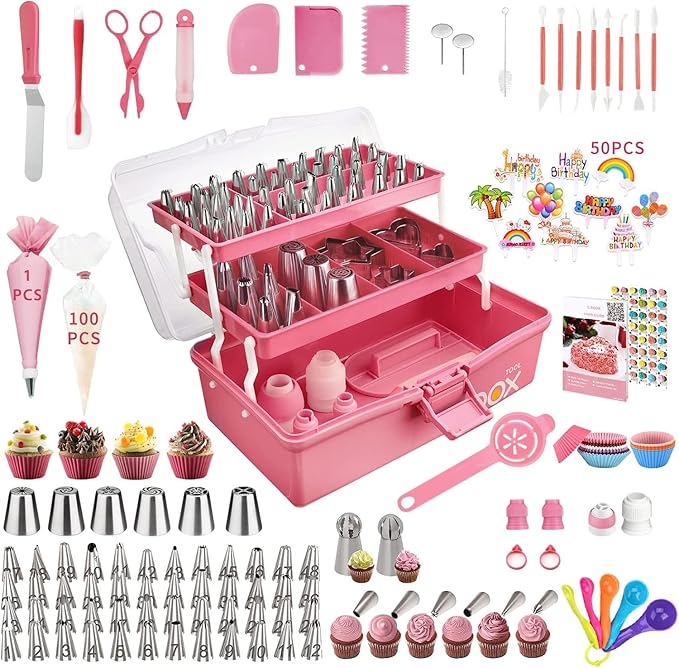 Cake Decorating Tools Supplies Kit: 164pcs Baking Accessories, Dessert Piping Syringe and Icing Tips Set - Puffs Cupcake Frosting Piping Bakery Set for Adults Beginners or Professional, Pink