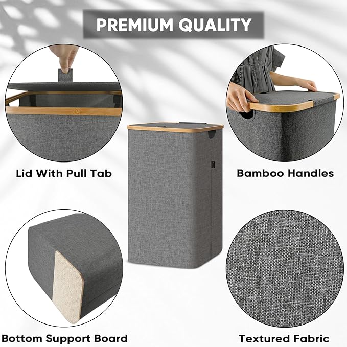 BALEINE Laundry Hamper with Lid, Tall Laundry Baskets with Bamboo Pull Handles, Large Laundry Bin with Internal Support (18 Gal/70L, Beige)