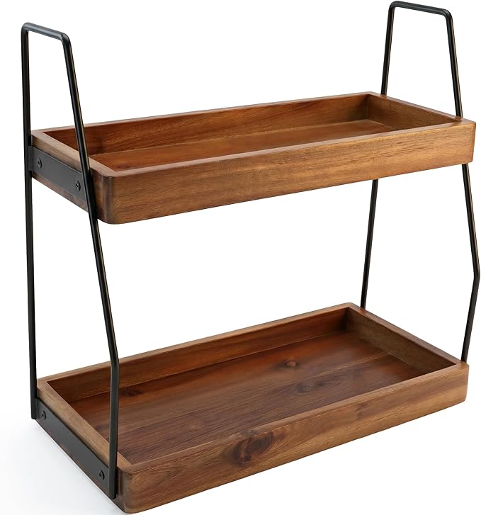 Demigo Acacia Bathroom Organizer Countertop 13.6 x 14 x 6.7 inches, 2-Tier Wood Counter Standing Rack, Countertop Storage Shelf for Organizing Bathroom Kitchen Office Desk Vanity Cosmetic Balcony