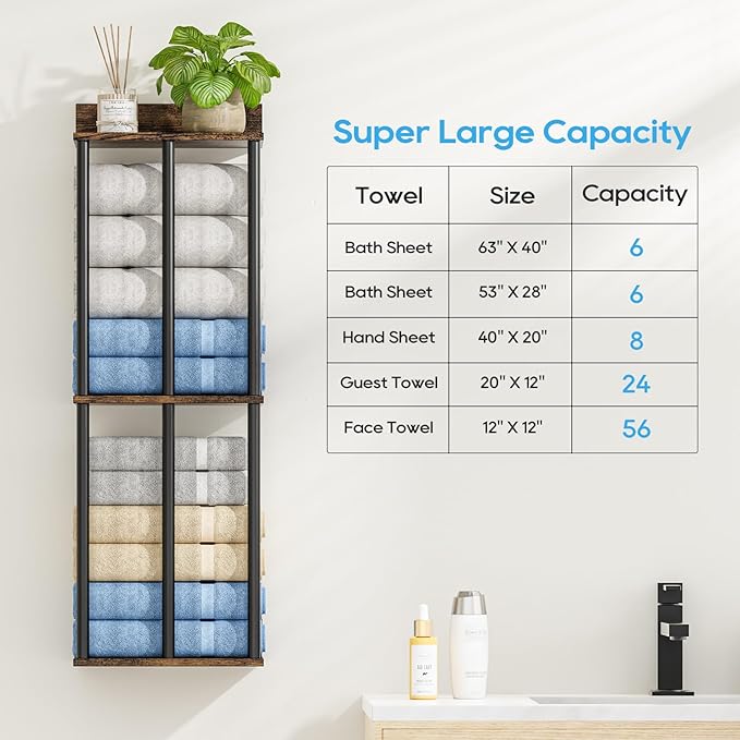 Towel Racks for Bathroom Wall Mounted with Wooden Storage Shelf, Updated 3 Bar Metal Towel Holder for Rolled Towels, Sturdy and Large Capacity, Towel Storage Organizer