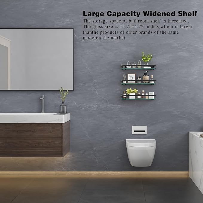 VOLPONE Bathroom Wall Shelf 15.7in Bathroom Glass Shelves Wall Mount Glass Shelf Rustproof Bathroom Wall Organizer 3 Tier (Black)