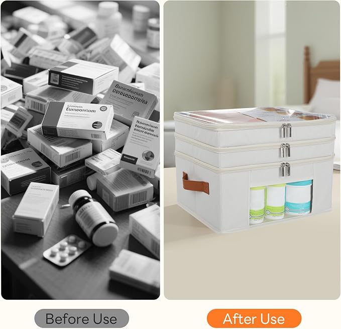 3-Tier Medicine Organizer for Cabinet, Foldable Medicine Storage Box with Clear Cover and Leather Handle, Empty First Aid Kit for Home and Travel