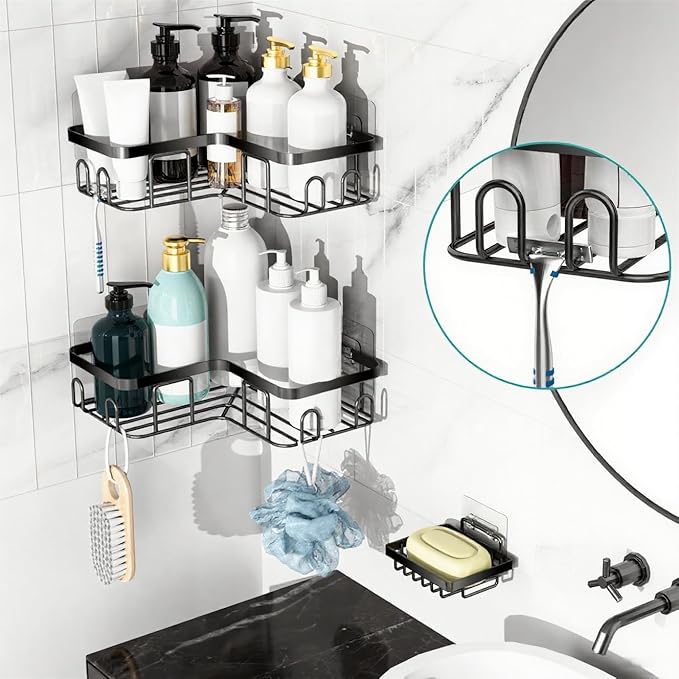 Moforoco Corner Shower Caddy Shelf Organizer Rack, Self Adhesive Black Bathroom Shelves Basket, Home Wall Shower Inside Organization and Storage Decor Rv Accessories, First Apartment Essentials(Black)