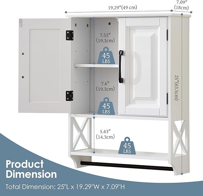 Wall Mounted Bathroom Cabinet, Farmhouse Medicine Cabinet with 2 Elegant Raised Panel Cabinet Doors, with Adjustable Shelf & Towel Bar – Over Toilet Storage Organizer for Small Spaces, White