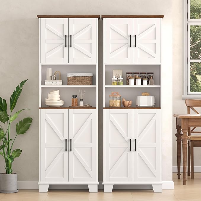 Farmhouse Bathroom Storage Cabinet, 67.9" Tall Freestanding Cabinet with 7 Adjustable Shelves & Barn Doors, Multipurpose Pantry Cupboard for Kitchen, Bathroom, Living Room, Dining Room