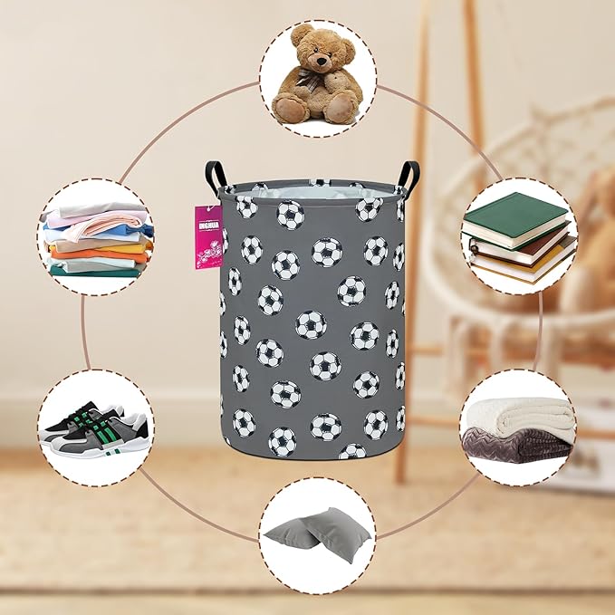 Laundry Hamper Large Canvas Fabric Lightweight Storage Basket/Toy Organizer/Dirty Clothes Collapsible Waterproof for College Dorms, Boys and Girls Bedroom,Bathroom(grey football)