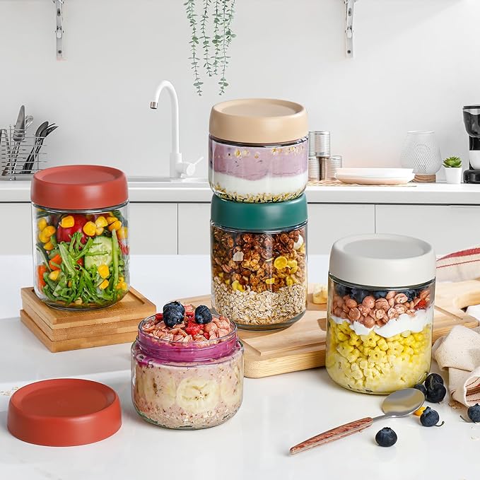 DIMBRAH Overnight Oats Containers with Lids,16oz Glass Jars with Lids - Set Of 4, Practical Oatmeal Container to Go, Chia Seed Pudding Jars, Baby Food Containers