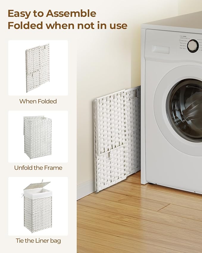 Greenstell Laundry Hamper with Lid, 60L Clothes Hamper with 2 Removable Liner Bags & 2 Mesh Bags, Handwoven Synthetic Rattan Basket, Toys in Bathroom, Bedroom White