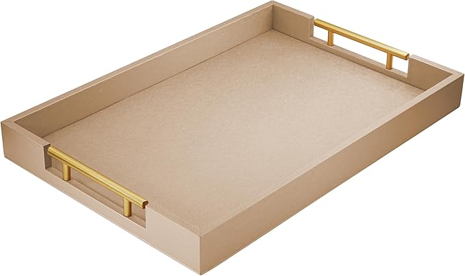 ATZYmolin 17"x12" Leather Serving Tray, Gold Handle Vanity Platter, Gold