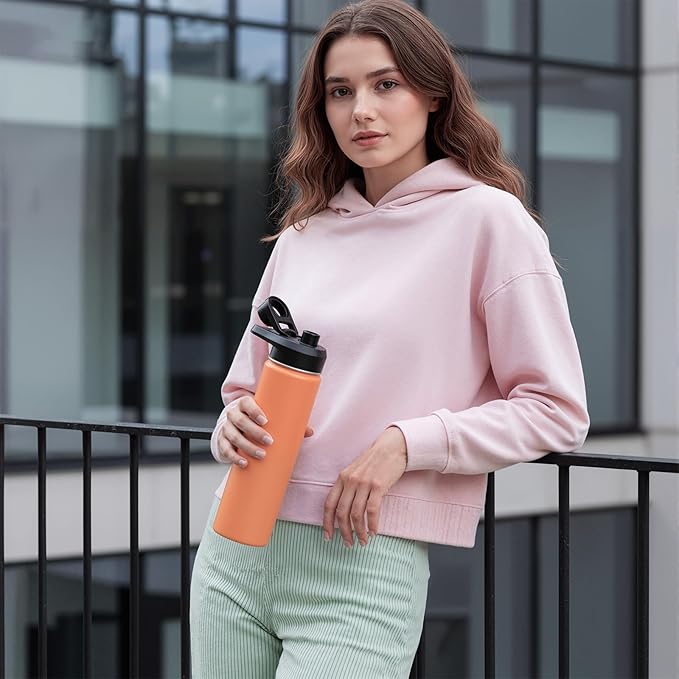24 oz Insulated Water Bottle with Handle, 305 Stainless Steel Water Bottles with Wide Mouth, Double Wall Vacuum Sports Water Bottle, BPA Free, Keep Cold and Hot, Coral