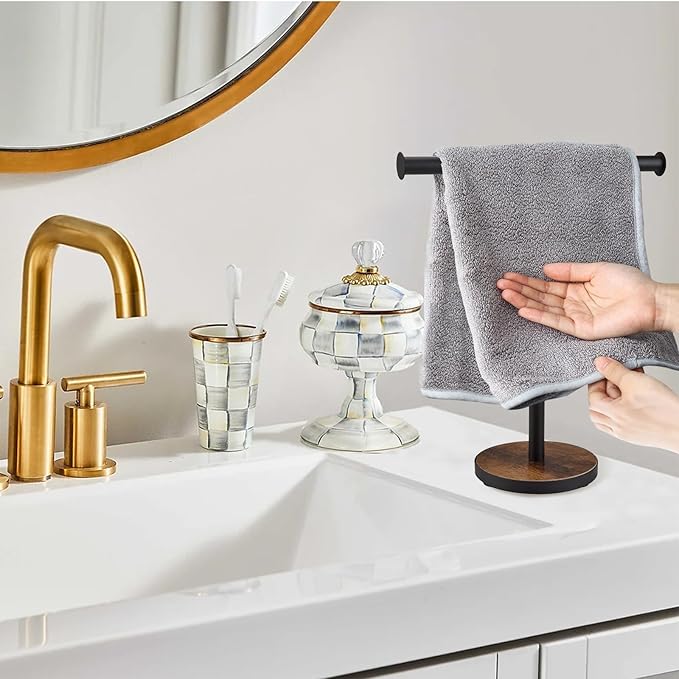 Towel Holder Stand, Countertop Hand Towel Stand for Bathroom and Kitchen, Free Standing Counter Towel Rack with Weighted Wood Base, Rustic Black and Brown