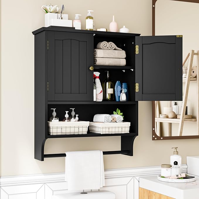 Black Bathroom Cabinet with Towel Rack, Bathroom Wall Cabinet with 2 Doors and Adjustable Shelf, Medicine Cabinet Wall Mount, Over The Toilet Storage