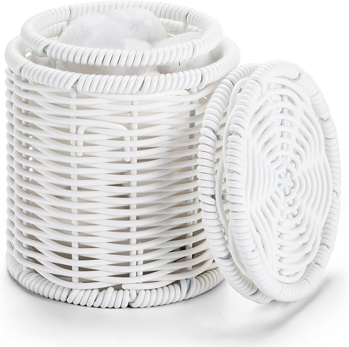 Rattan Jars,Decorative Storage Boxes with Lids,Rattan Bathroom Accessories,Rattan Desk Organizer,for Office,Dressing Table,Dental floss picks, cotton swab holders Home Decoration,White（DP056）
