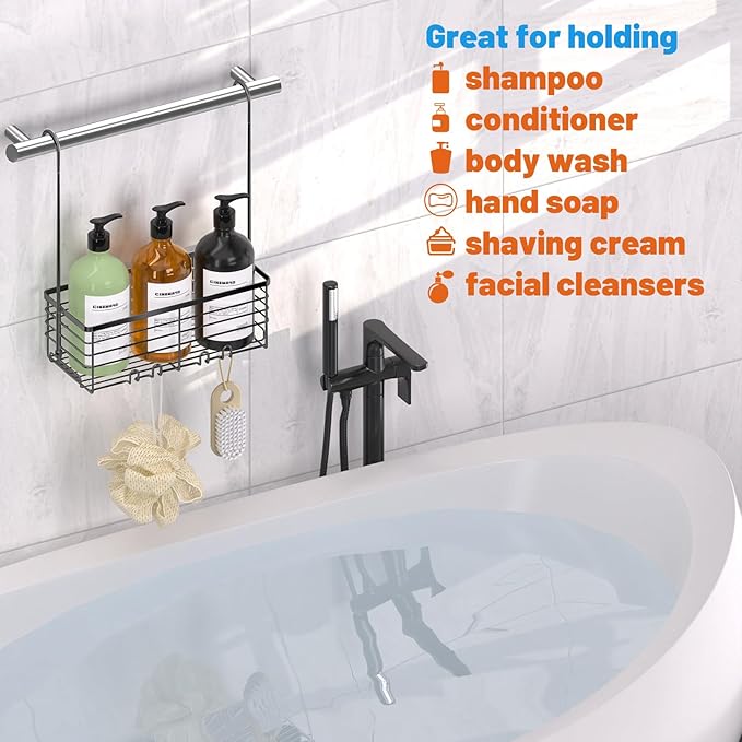 YUOROS Hanging Shower Caddy, Over the Door Shower Organizer Rack 304 Stainless Steel Rustproof Bathroom Storage Shampoo Holder Basket (Black)