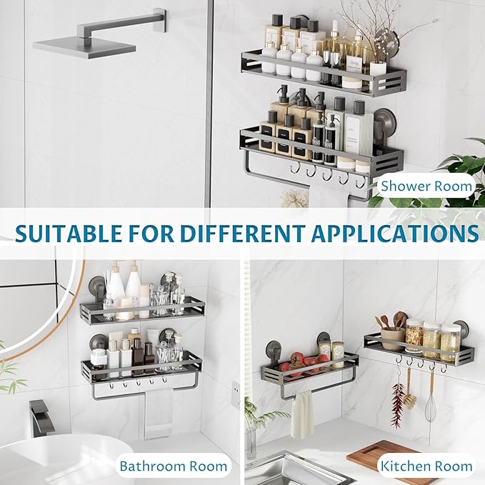 Onemake Shower Caddies Suction Cup, 2 Pack 15.7 inch Aluminum Suction Showers Organizer with Towel Bar & Hooks, Rustproof Shower Shelves, No Drilling Bathroom Shelf Storage Rack, Gray