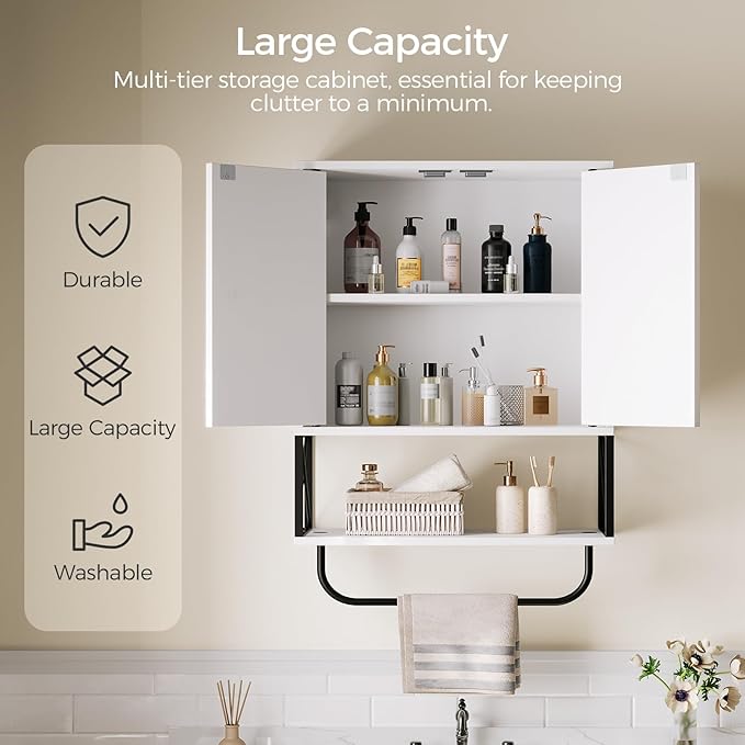 Bathroom Wall Cabinet with 2 Door and Adjustable Shelf, Farmhouse Medicine Cabinet with Towel Rack, 3-Tier Wall Mounted Storage Cabinet Over The Toilet for Bathroom, 18.9" L, White