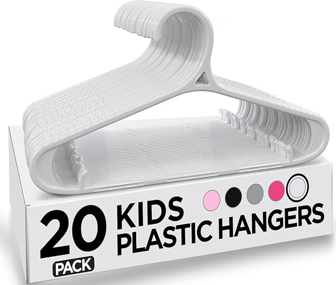 Utopia Home Kids Hangers 20 Pack - 11 Inch Plastic Baby Hangers for Closet - Childrens Hanger for Clothes & Infant Hanger for Closet - Non-Slip Shoulder Grooves, Strap Hooks & Pants Bar (White)